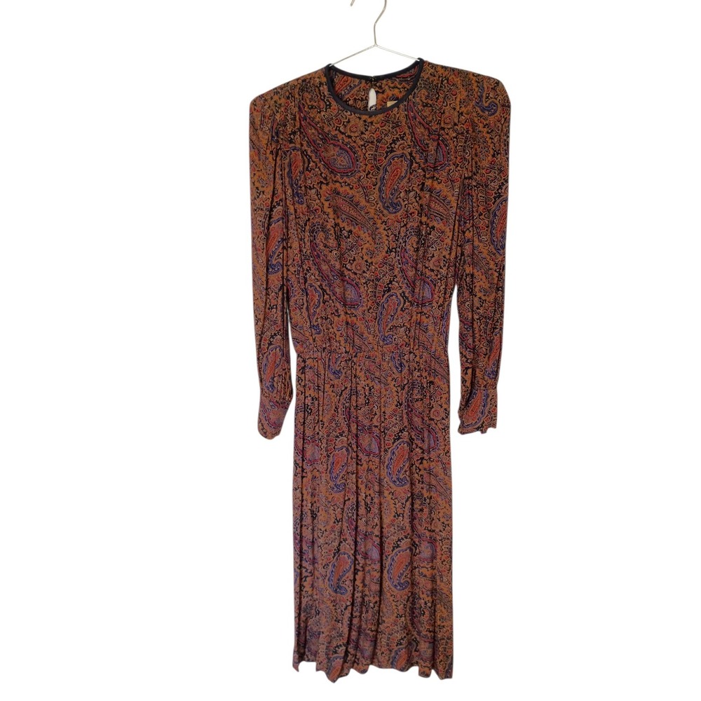 Vintage JH Paul Ltd Paisley Midi Dress Long Sleeve Elastic Waist Rust Multi 12
